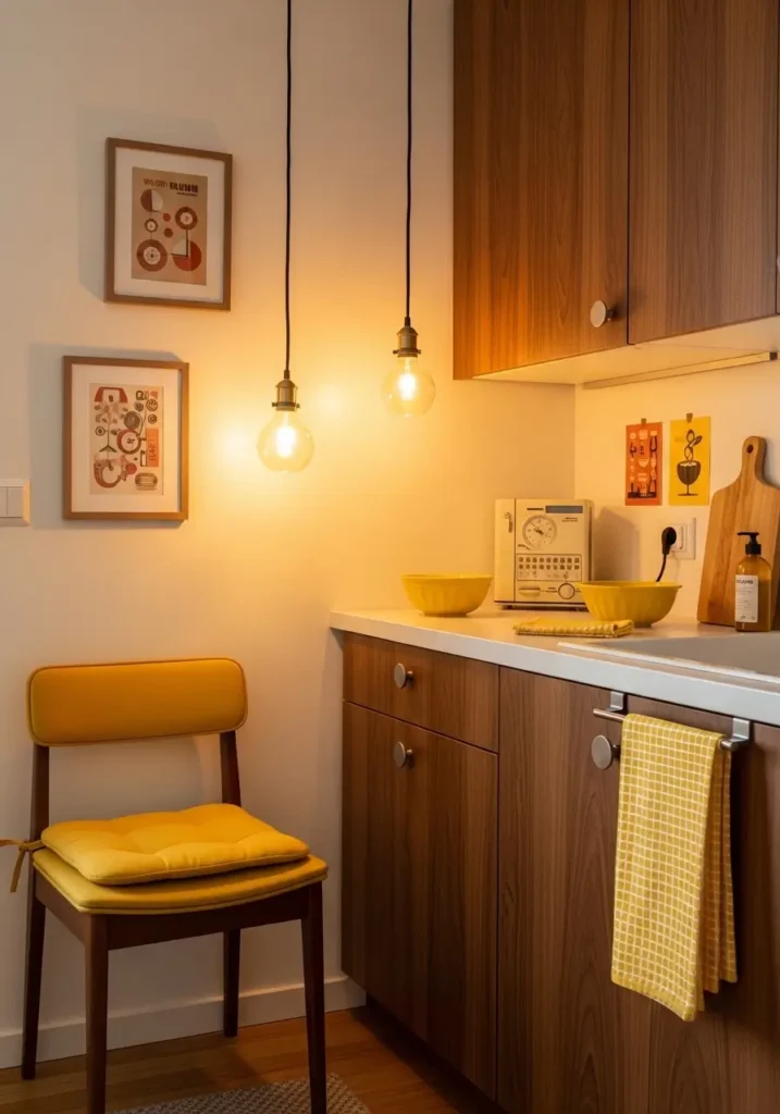 Retro apartment kitchen with mustard yellow accent decor, walnut cabinets, cream backsplash, vintage pendant lighting, compact apartment kitchen, soft natural sunlight, ceramic bowls, muted earthy color palette, realistic interior photography, feminine retro styling, warm textures, uncluttered countertops, cozy mid century modern apartment atmosphere