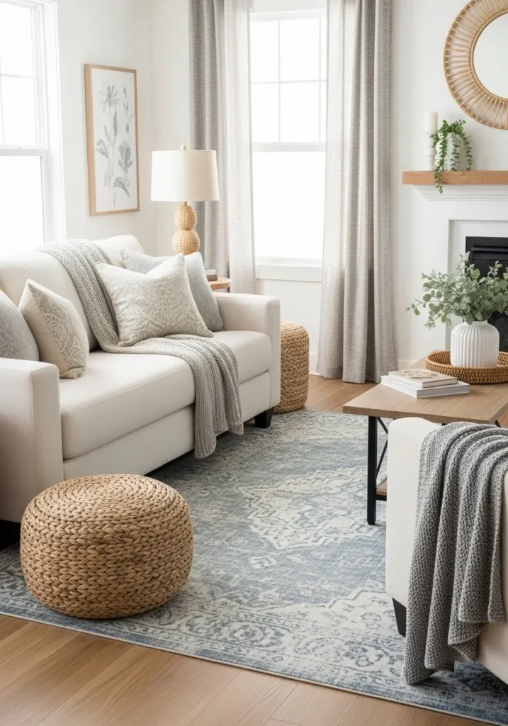Minimal modern farmhouse living room with muted blue patterned rug, cream slipcovered sofa, rustic oak coffee table, soft white walls, woven baskets, cozy neutral blankets, black iron lighting, large windows with flowing curtains, subtle farmhouse decor, airy room styling, calm feminine atmosphere, realistic interior photography, warm natural lighting with balanced soft textures and peaceful cozy mood


