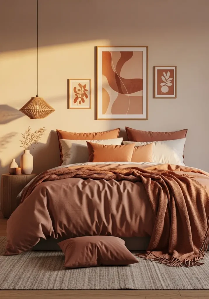 Dreamy calm boho bedroom with muted clay and terracotta accents, creamy bedding, textured neutral rug, warm wooden furniture, ceramic decor pieces, soft linen curtains, minimal earthy styling, warm sunlight, airy feminine atmosphere, modern boho interior design, uncluttered bedroom aesthetic, natural textures, peaceful earthy palette, cozy relaxing retreat with soft shadows and clean composition

