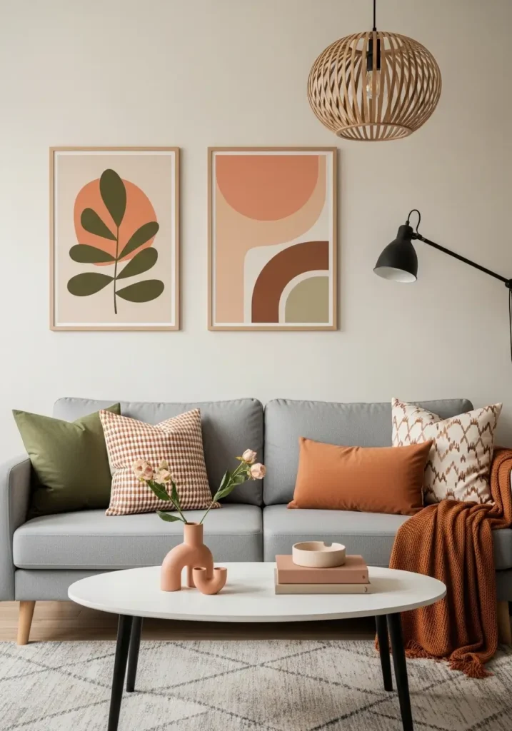 Small retro apartment living room with muted color block styling, cream sofa, olive cushion, dusty peach wall art, caramel throw, round wooden table, minimal decor, soft daylight, cozy feminine vintage mood, clean and balanced composition.