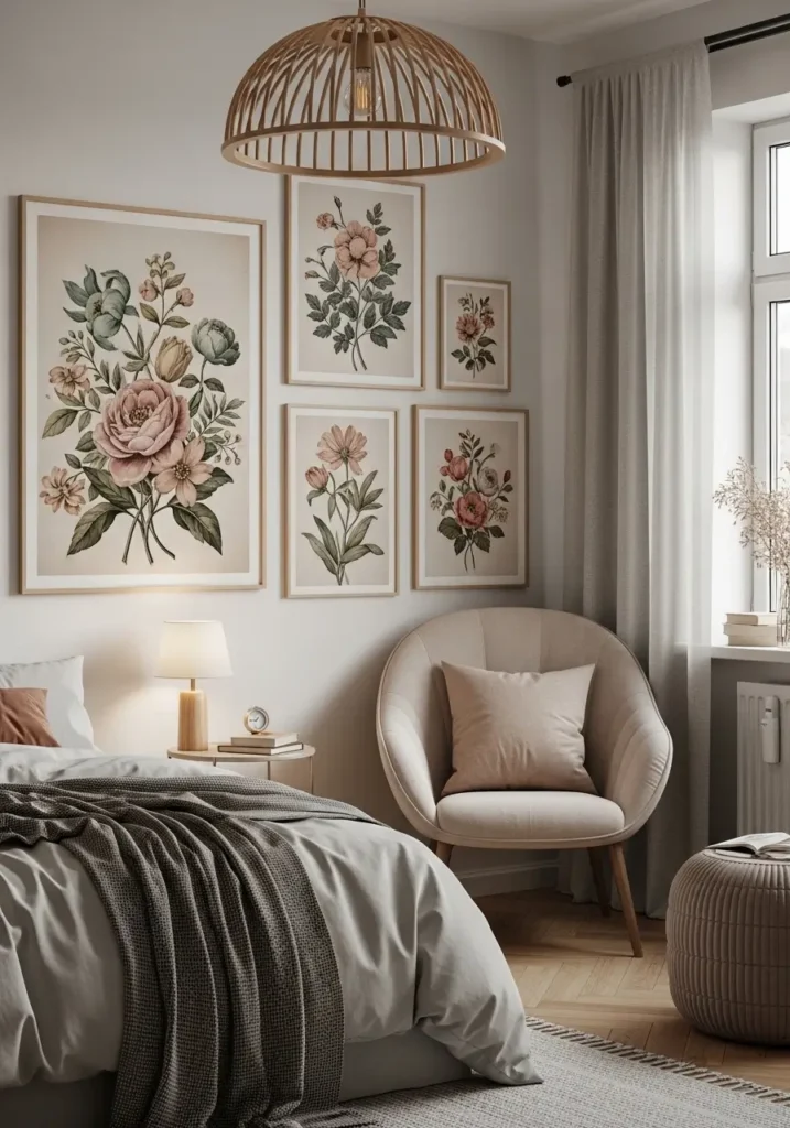 Cozy retro apartment bedroom with muted floral wall art in thin vintage frames, dusty pink and sage green tones, cream textured bedding, warm wood nightstand, soft natural lighting, minimal feminine apartment decor, nostalgic floral illustrations, calm cozy atmosphere, clean layout, realistic editorial apartment photography, soft retro color palette, uncluttered styling, vintage-inspired interior details