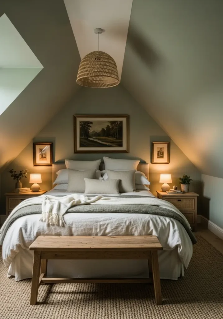 Warm cottage attic bedroom with muted sage green walls beneath slanted roof ceiling, soft cream bedding, rustic oak furniture, warm lamp lighting, vintage framed art, natural linen textures, cozy feminine decor, minimal cottagecore styling, realistic attic bedroom photography, calming earthy atmosphere, woven baskets, peaceful countryside bedroom mood, uncluttered design, warm natural shadows, soft layered textiles, intimate relaxing retreat

