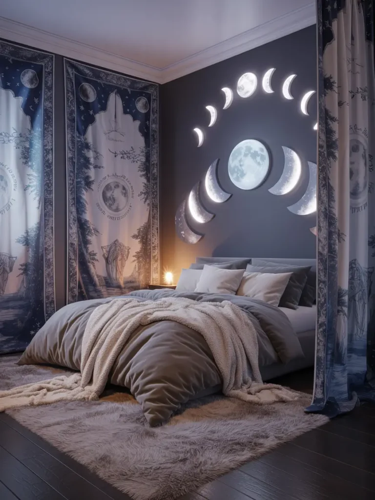 Soft moonlit wall art, a delicate hanging tapestry, and soft throw blankets for a cozy touch.
