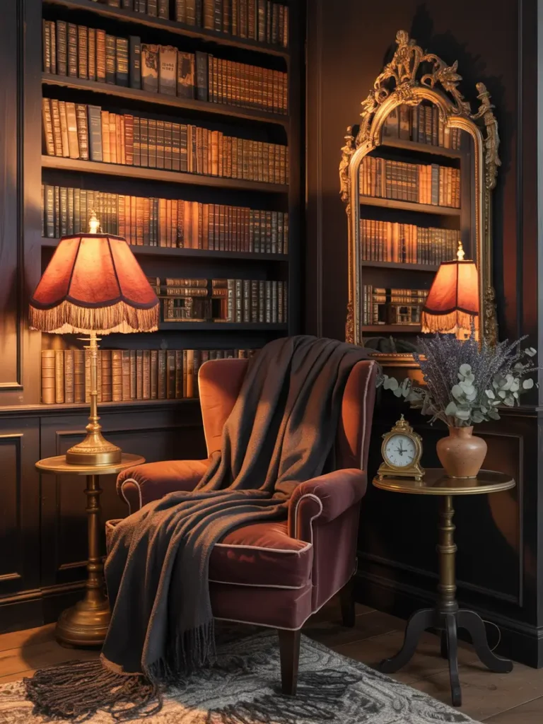 A cozy reading nook with dark wooden shelves, soft lighting, and comfortable seating.