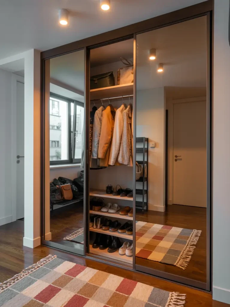 Small apartment entryway with narrow coat closet featuring sliding mirrored doors, organized shelves and hooks inside, soft neutral rug on floor, bright natural light, modern minimalist aesthetic, clutter-free and welcoming.