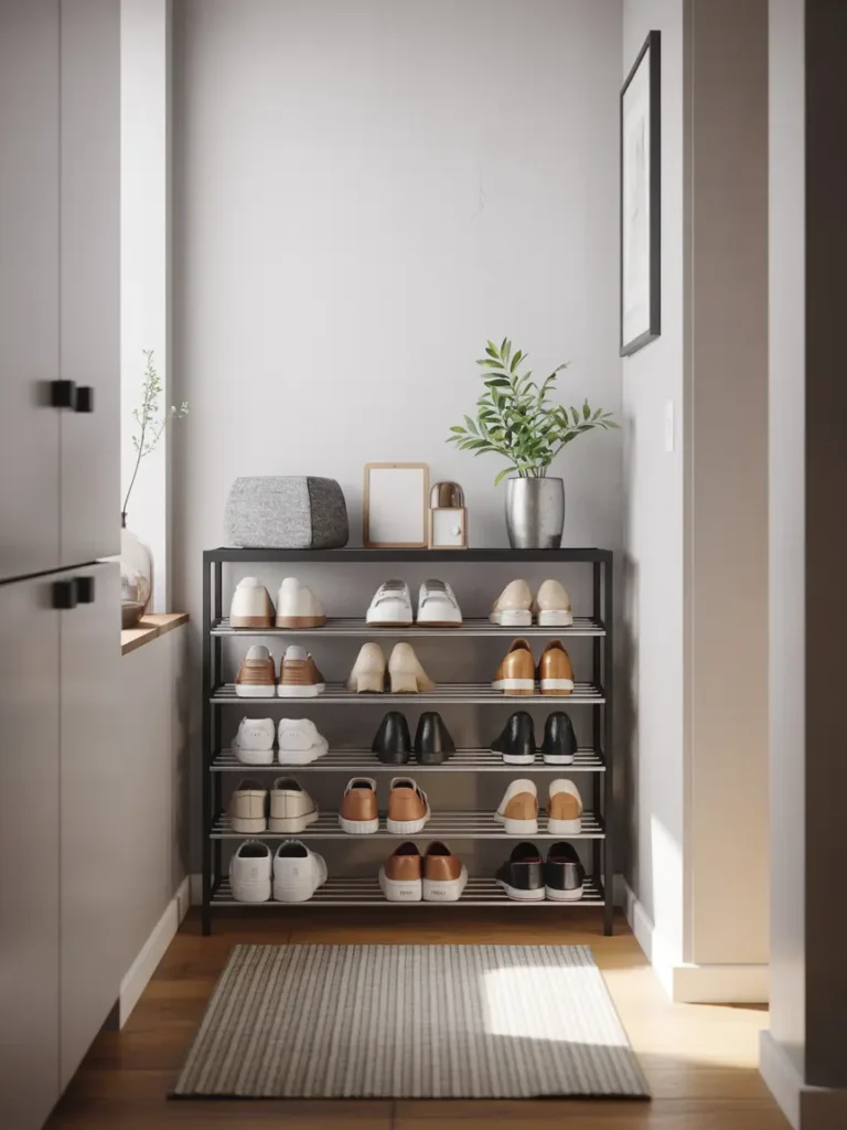 Small apartment entryway with a narrow metal shoe rack holding neatly arranged shoes, a simple gray rug in front, soft natural light, white walls, a modern minimalist interior, cozy yet functional organization.
