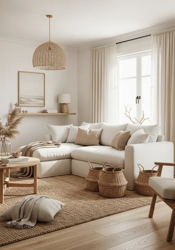 Minimal coastal living room with natural jute rug, white linen sectional sofa, woven baskets, pale oak furniture, airy ivory curtains, beach house decor, warm sunlight, soft neutral tones, relaxed seaside atmosphere, feminine cozy styling, layered textures, driftwood accents, clean modern coastal interior with calm beach inspired details

