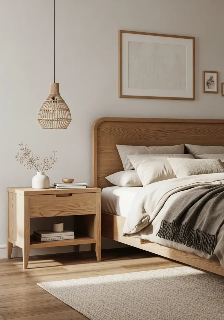 Minimal calm boho bedroom featuring light natural wood bed frame, matching wooden nightstands, cream textured bedding, woven wall decor, soft beige rug, dried pampas grass, neutral earthy palette, warm golden sunlight, cozy feminine styling, uncluttered clean interior, airy boho atmosphere, subtle organic textures, peaceful bedroom decor, modern rustic minimal aesthetic with warm calming tones and soft shadows

