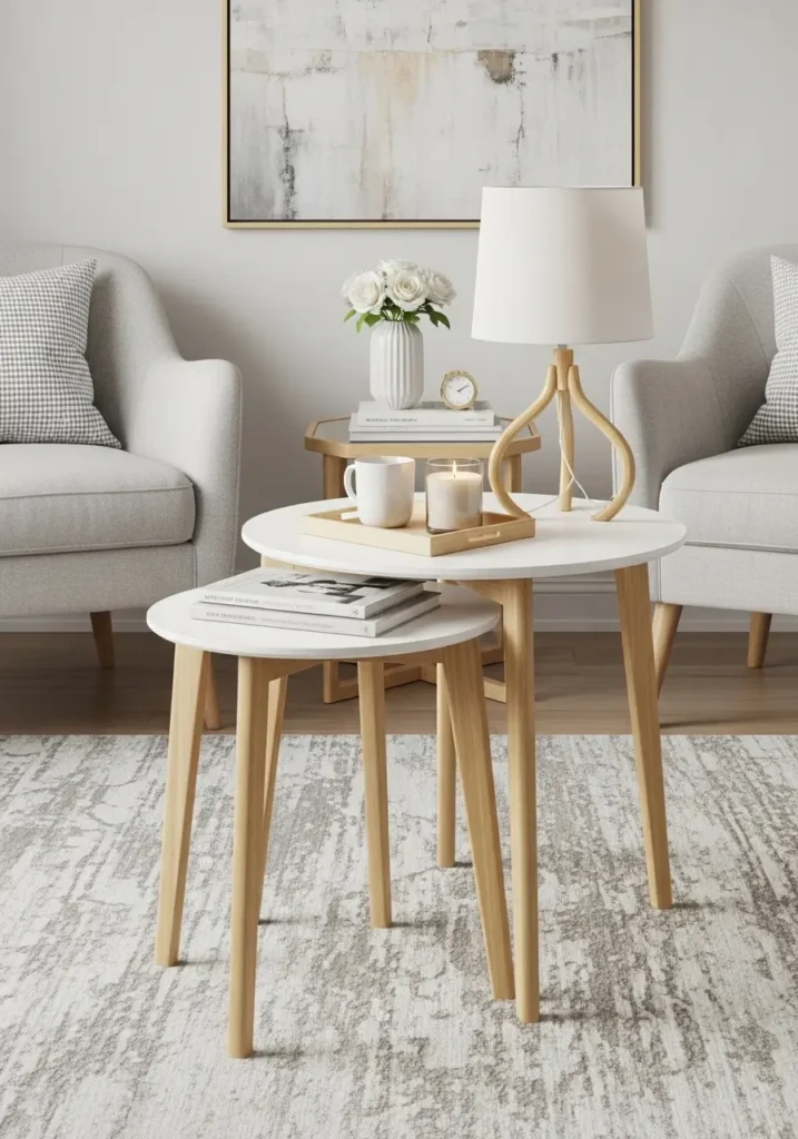 Minimal studio apartment living area with two round nesting tables in light wood and white finish, placed beside a cream loveseat, soft neutral rug, beige curtains, tiny ceramic tray, warm daylight, clean clutter free styling, feminine cozy apartment mood, realistic interior photo.