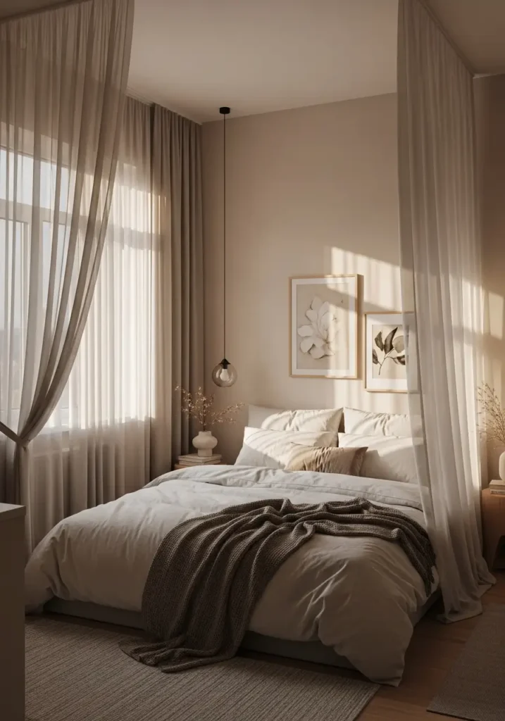 Minimalist studio apartment bedroom with flowing neutral curtains, airy white bedding, warm sunlight through sheer fabric, tiny bedroom layout, Scandinavian feminine decor, soft beige and cream tones, natural wood accents, cozy small apartment styling, clean uncluttered surfaces, realistic apartment photography, warm calm atmosphere, low platform bed, elegant tiny living setup, peaceful modern interior, light textured fabrics, minimal wall decor, soft natural lighting in a cozy studio apartment bedroom.

