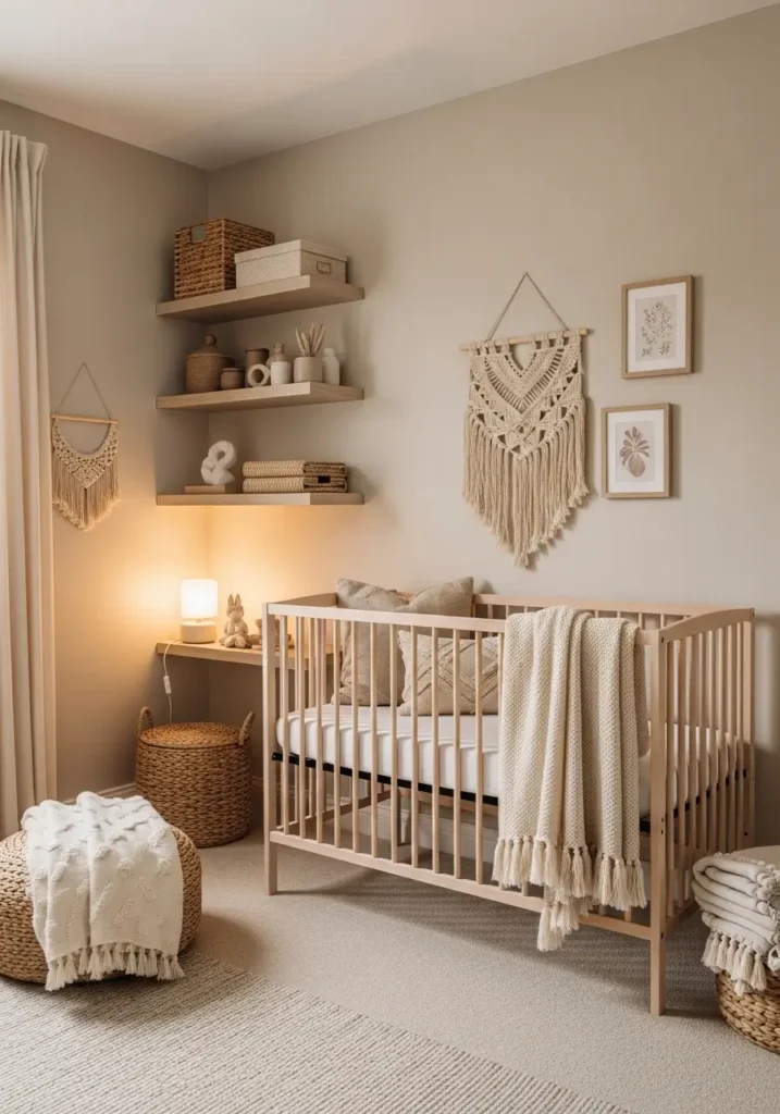 Small loft apartment nursery with low ceiling, compact natural wood crib, warm beige walls, layered cream textiles, floating corner shelves, soft lighting, cozy feminine styling, Scandinavian minimal decor, realistic apartment nursery photography, woven textures, uncluttered baby room, tiny nursery inspiration, warm neutral palette, airy small space layout, calm modern atmosphere

