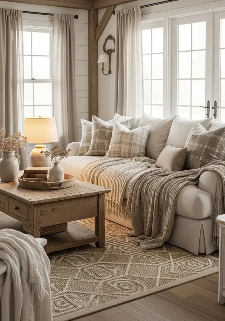 Cozy rustic farmhouse living room with neutral plaid pillows and blankets, oversized cream sofa, rustic wooden coffee table, warm lamp lighting, woven rug, vintage farmhouse decor, soft beige and taupe tones, layered cozy textures, airy feminine farmhouse styling, realistic interior photography, calm inviting atmosphere, subtle rustic details, peaceful home setting