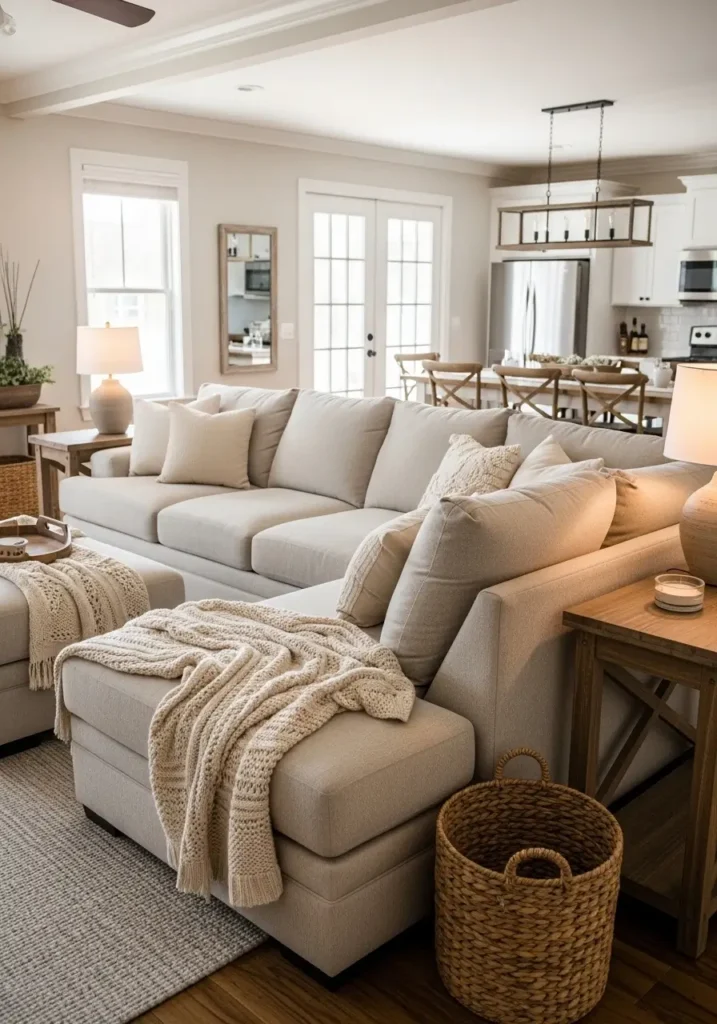 Large farmhouse living room with neutral sectional sofa in soft oatmeal fabric, layered cream pillows, rustic wood coffee table, warm natural sunlight, airy open layout, linen curtains, woven baskets, cozy textured rug, rustic farmhouse decor, clean minimal styling, realistic interior photography, feminine calming atmosphere, warm beige and ivory palette, subtle greenery, inviting family room feeling, soft layered textures


