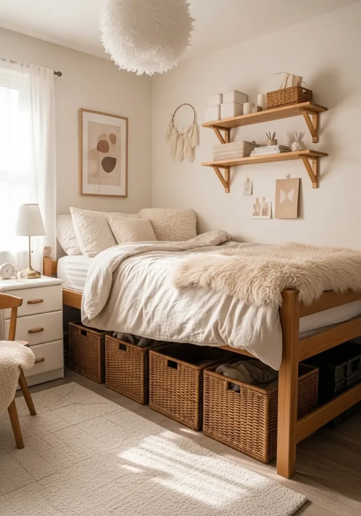 Minimal dorm apartment bedroom with woven storage baskets under bed, cream and beige decor palette, soft bedding, tidy shelves, warm lamp lighting, cozy feminine styling, realistic interior photography, clean small bedroom organization, aesthetic college dorm setup, wooden accents, fluffy textures, modern minimal decor, uncluttered peaceful atmosphere, soft natural sunlight, calm cozy room styling with budget-friendly storage details and simple elegant organization ideas

