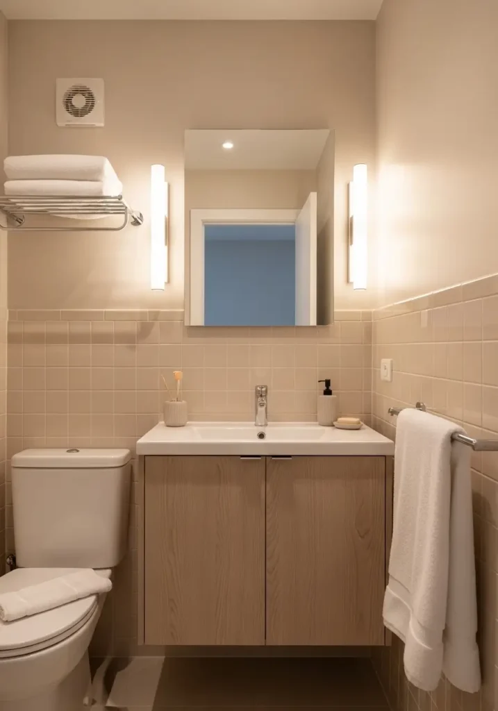 Tiny apartment bathroom with soft beige tiles, creamy grout lines, pale wood vanity, warm glowing lights, fluffy white towels, modern minimal styling, realistic apartment bathroom interior photography, airy renter friendly makeover inspiration, uncluttered counters, subtle feminine decor, calm spa inspired atmosphere, neutral textures, elegant compact bath layout with soft natural shadows and warm details