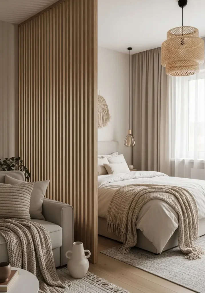 Minimal studio apartment featuring neutral wood partition divider between bed and living room, creamy bedding, warm ambient lighting, soft Scandinavian decor, feminine apartment styling, light oak textures, peaceful tiny apartment layout, realistic cozy interior photography, textured blankets, soft beige palette, uncluttered room design, modern couple apartment with calming warm atmosphere and natural interior details

