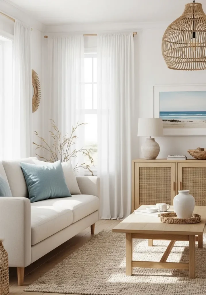 Elegant beach house living room with soft ocean blue pillows, pale cream sofa, light oak furniture, airy white curtains, woven decor, sandy neutral rug, bright coastal sunlight, minimal seaside styling, calm feminine interior, soft blue artwork, relaxed beach atmosphere, clean modern coastal design, layered neutral textures, peaceful beach inspired space with fresh airy details and cozy minimal decor

