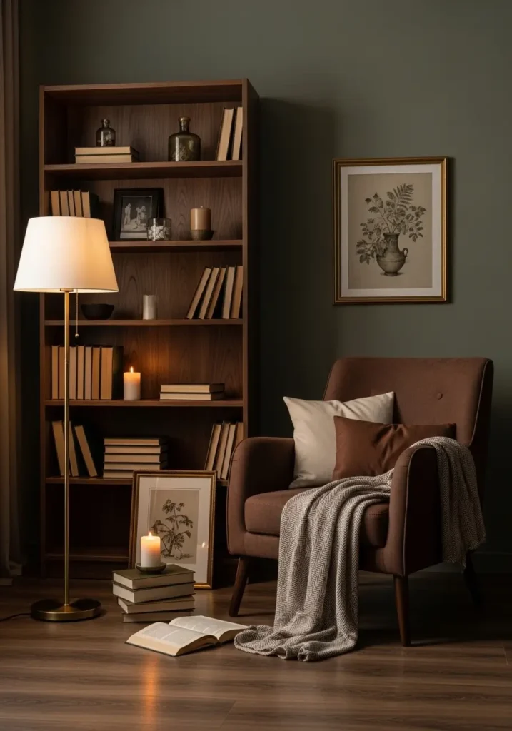 Dark academia apartment reading nook with tall walnut bookshelf, deep brown armchair, warm floor lamp, layered cream and brown textiles, vintage framed artwork, old hardcover books, candlelight glow, soft shadows, minimal feminine styling, cozy apartment corner, realistic textures, warm moody atmosphere, peaceful old library feeling, clean arrangement, muted green and dark brown color palette

