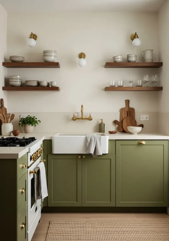 Mid century modern apartment kitchen with olive green lower cabinets, walnut wood accents, cream backsplash, soft natural lighting, compact apartment layout, retro kitchen styling, brass hardware, vintage bar stools, minimal floating shelves, ceramic decor, cozy feminine atmosphere, realistic interior design photography, muted earthy colors, clean countertops, calm retro apartment kitchen with airy styling and soft textures