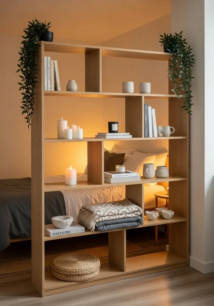 Minimal studio apartment featuring open wooden shelving divider between bedroom and living room, soft cream decor, cozy layered bedding, beige sofa, books and ceramic decor on shelves, warm natural sunlight, light wood textures, modern couple apartment styling, airy apartment layout, clean neutral palette, cozy feminine decor, textured rug, soft lighting, realistic interior design photography, peaceful Scandinavian inspired apartment with organized open divider styling

