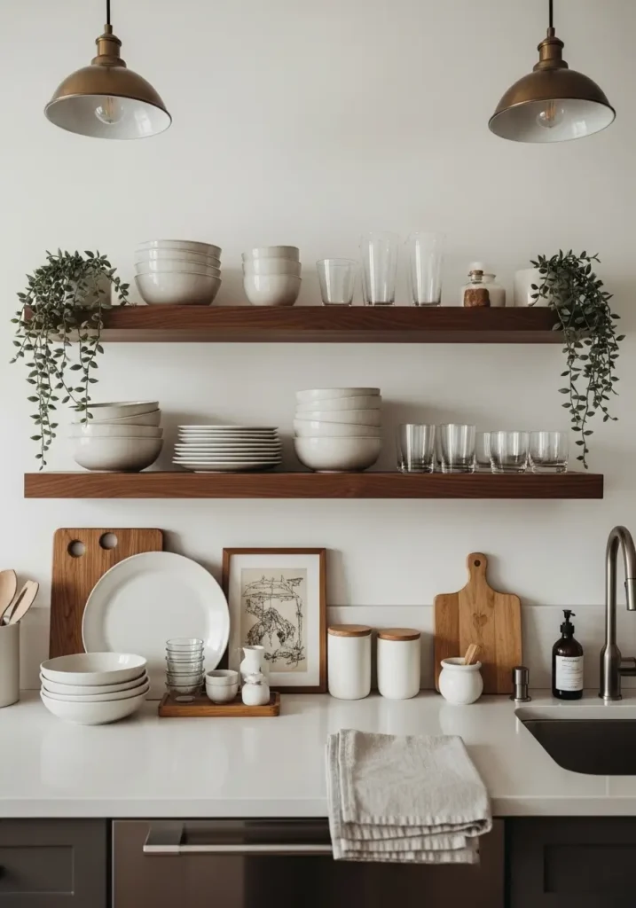 Retro mid century modern apartment kitchen with floating walnut shelves, cream walls, ceramic dishes, vintage glassware, warm pendant lighting, compact kitchen layout, minimal styling, walnut cabinets, natural sunlight, earthy muted colors, realistic interior photography, cozy feminine kitchen aesthetic, clean countertops, uncluttered shelves, soft textures, calm apartment atmosphere with vintage modern charm