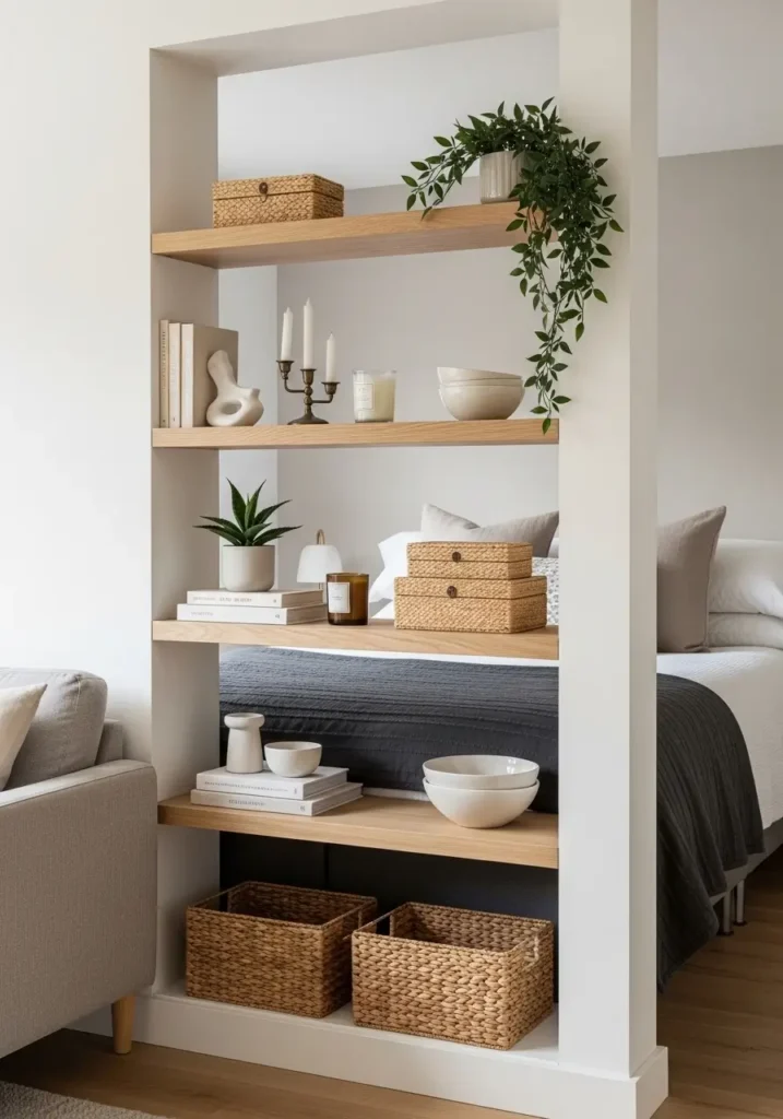 Clean minimal micro studio apartment with a tall open shelf used as a light room divider between bed and living area, neutral books, ceramic vases, small plants, folded blankets, beige sofa, white bedding, pale oak furniture, warm natural light, soft feminine styling, neat cozy layout.