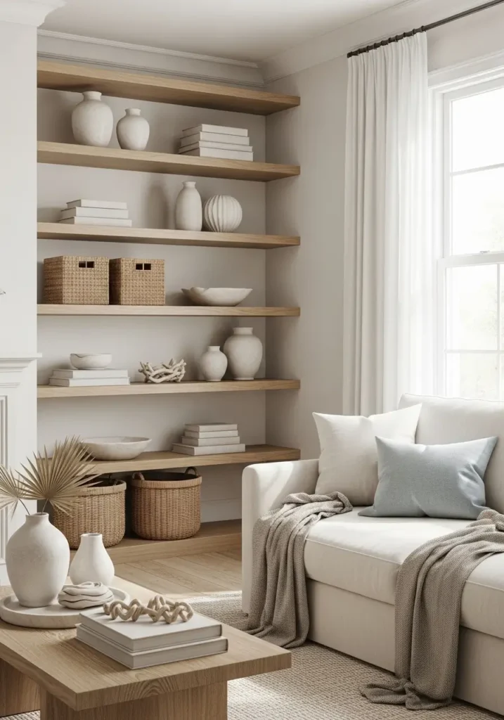 Minimal beach house living room with open wooden shelves, creamy white sofa, woven baskets, pale oak decor, soft blue accents, airy white curtains, coastal styling, clean neutral palette, warm sunlight, relaxed feminine atmosphere, ceramic vases, driftwood details, layered textures, cozy and bright seaside inspired interior, elegant beach house living room decor

