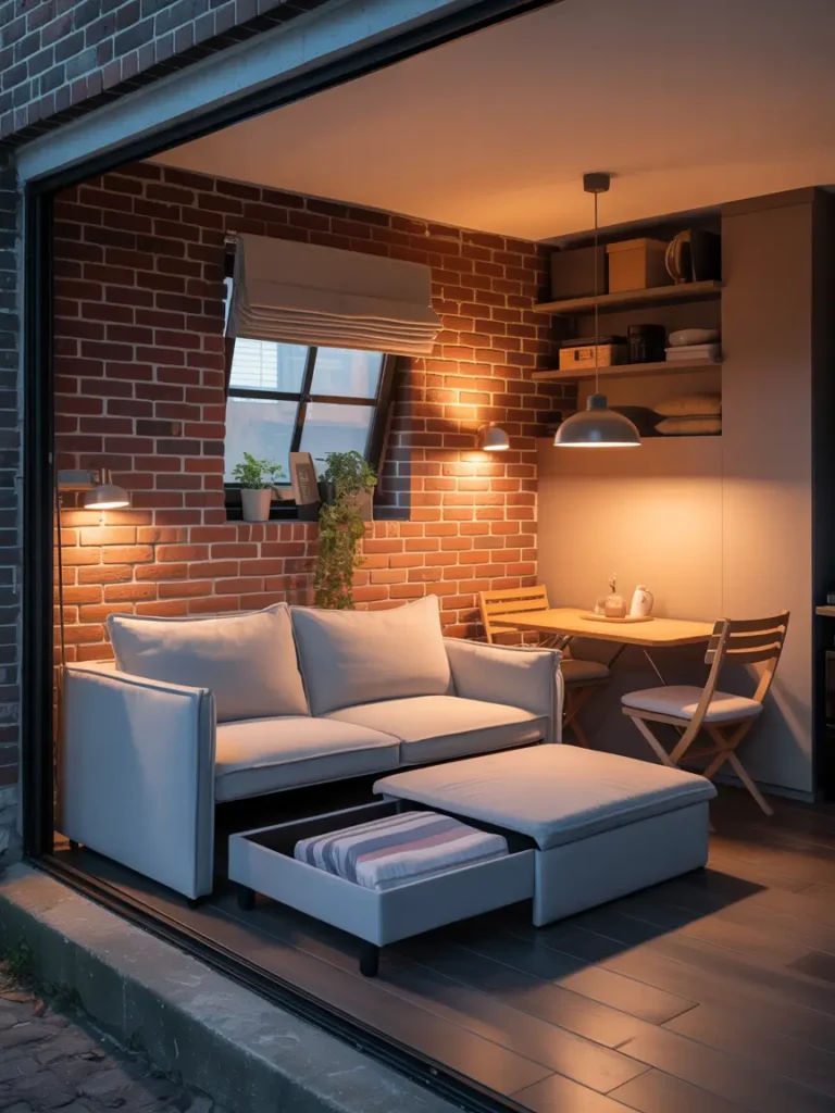 A sofa bed that doubles as a seating area during the day and a bed at night, with neutral tones and soft cushions that blend seamlessly into the space.