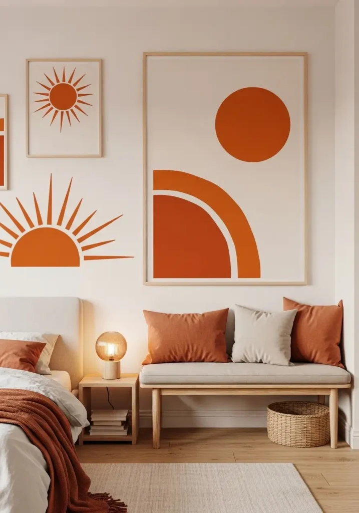 Minimal retro bedroom with oversized orange sun wall art above low bed frame, cream bedding, warm rust and peach accents, soft golden hour lighting, clean apartment styling, cozy feminine decor, simple natural wood furniture, tiny apartment bedroom, airy layout, vintage-inspired shapes, muted retro palette, calm atmosphere, realistic editorial photography style, soft textures, uncluttered room design