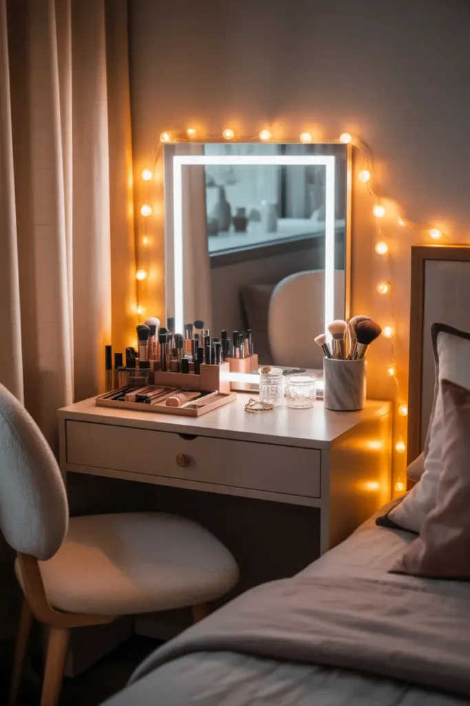Minimal feminine vanity corner in a small studio apartment with clear acrylic organizers, soft beige tray, neatly placed skincare bottles, makeup brushes in cream cup, tiny mirror, warm daylight, white desk surface, clean cozy styling with calm neutral colors.
