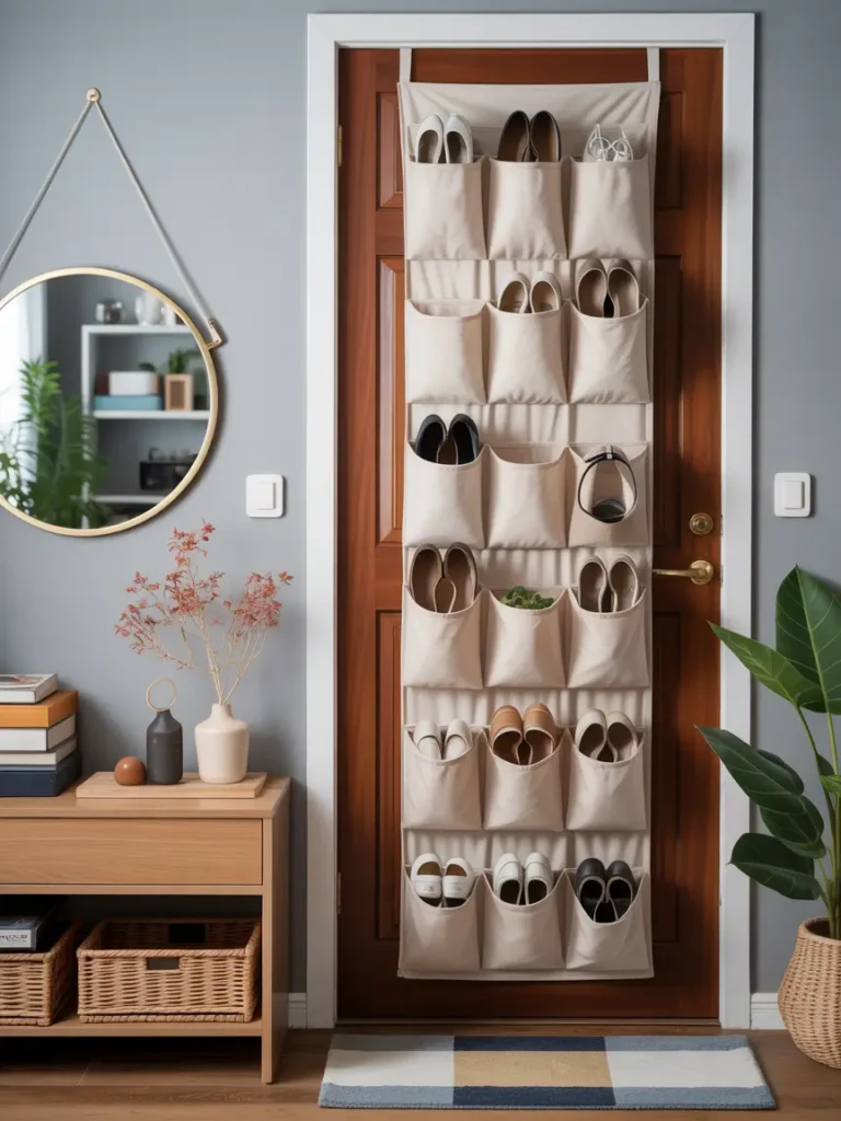 Cozy apartment entryway with multiple wall-mounted metal hooks holding jackets and bags, a narrow wooden bench beneath, a soft gray rug on the floor, natural light streaming through a nearby window, Scandinavian modern interior style.
