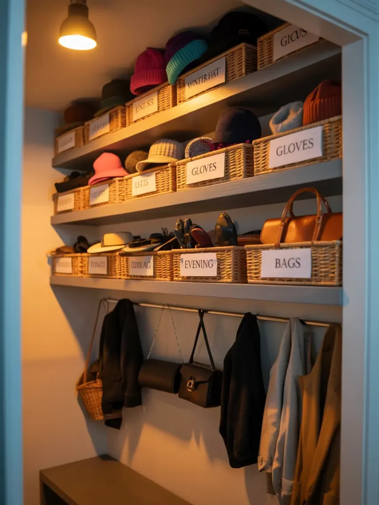 Small apartment entryway with wooden overhead shelves holding wicker baskets for seasonal items, soft warm lighting, minimal decor, white walls, narrow layout, modern Scandinavian-inspired cozy interior, clutter-free and functional design.