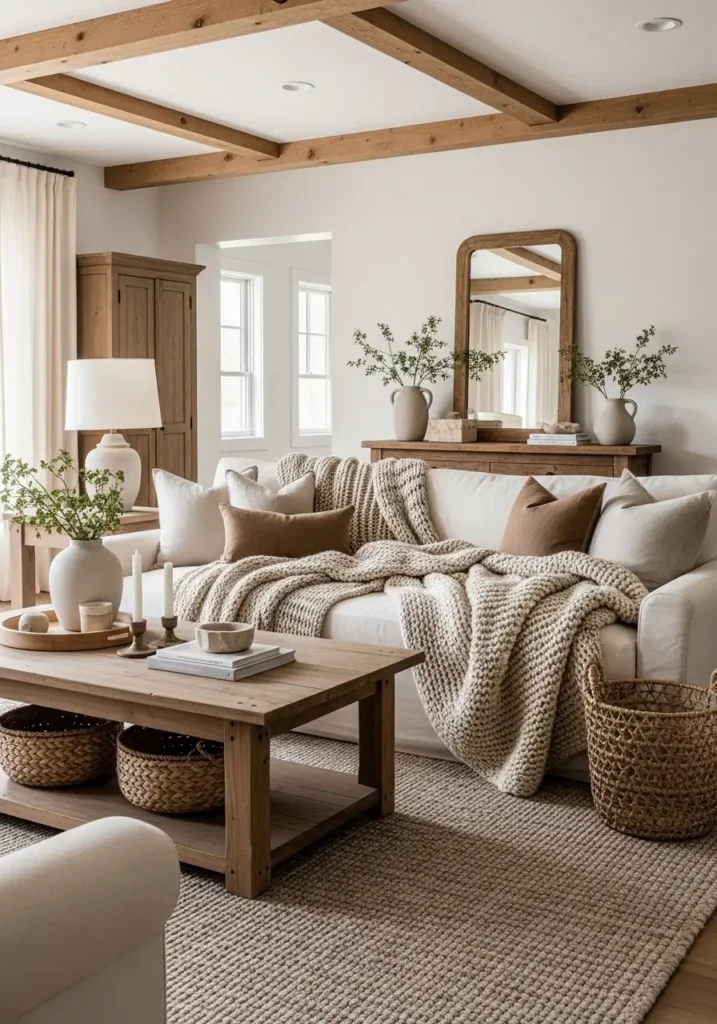 Cozy rustic farmhouse living room with oversized cream sofa, layered knit blankets, soft linen pillows, rustic wooden coffee table, warm lamp lighting, textured neutral rug, natural wood beams, woven baskets, airy farmhouse layout, feminine cozy styling, realistic interior photography, peaceful and inviting atmosphere, soft earthy tones, subtle greenery accents, clean minimal rustic decor