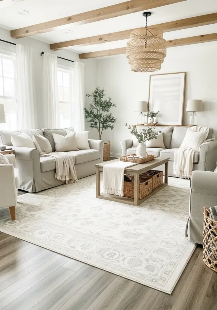 Airy modern farmhouse living room with oversized cream rug covering wide oak flooring, large white sectional sofa, light wood coffee table, soft textured pillows, minimal wall decor, sheer linen curtains, black framed windows, warm natural sunlight, cozy layered fabrics, clean farmhouse styling, calm feminine atmosphere, realistic interior photography, spacious uncluttered room design with soft neutral tones and balanced textures

