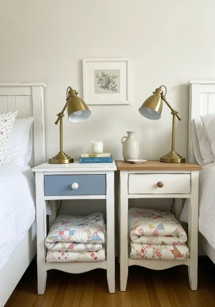 Clean minimal vintage country bedroom with two softly painted antique nightstands, white iron bed, cream bedding, faded red quilt, dusty blue pillows, simple wall art, brass lamps, natural light, cozy Americana cottage style, tidy and feminine.