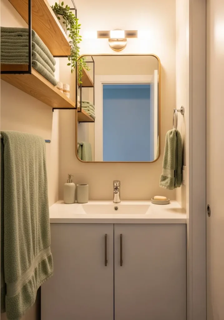 Tiny apartment bathroom with pale sage green towels, creamy walls, warm wood shelves, white vanity, glowing soft lighting, minimal feminine apartment decor, realistic cozy interior photography, calm spa inspired styling, uncluttered counters, airy renter friendly bathroom makeover, subtle greenery, elegant compact bath atmosphere with soft natural textures and warm shadows