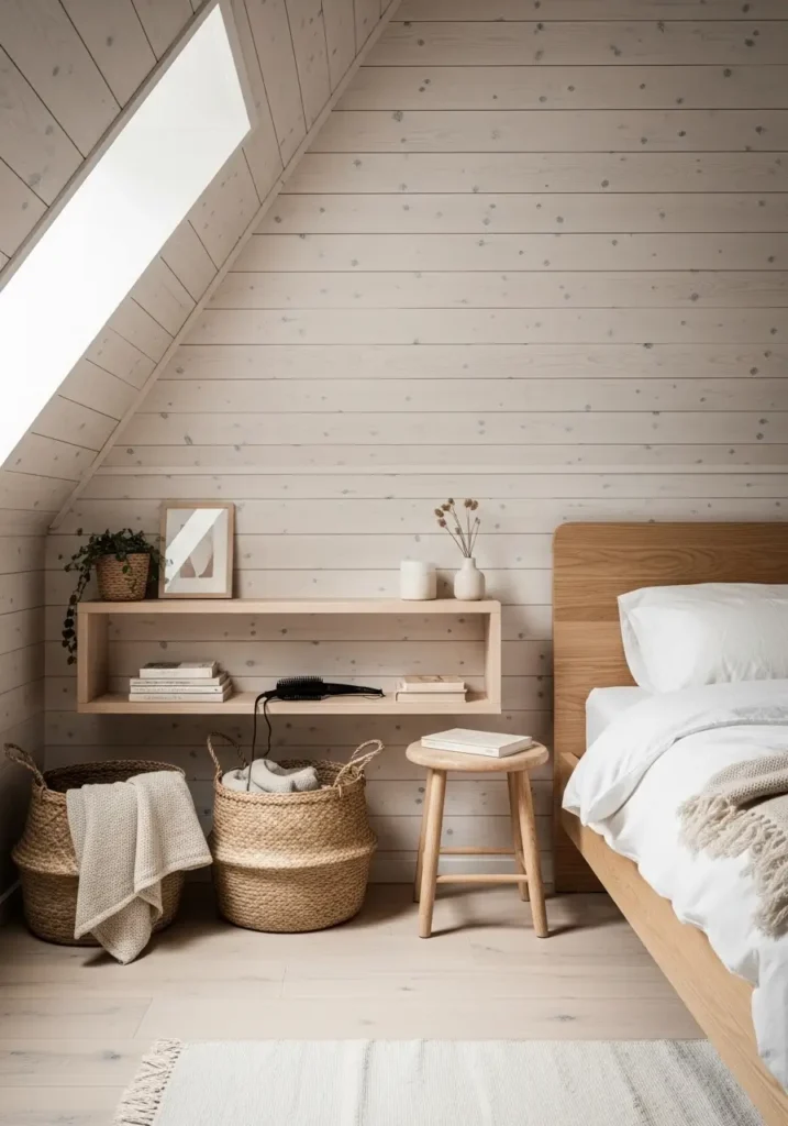 Clean minimal attic bedroom with pale wood flooring, low natural wood bed frame, soft white bedding, light beige walls, simple wooden wall shelf, woven baskets, tiny plant, warm table lamp, sloped ceiling, airy small apartment styling, calm feminine mood with natural textures.