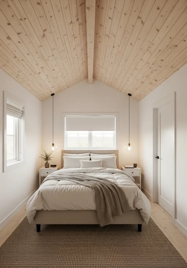 Clean small modern bedroom with vaulted ceiling lined in pale wood panels, soft white walls, low beige bed, ivory linen duvet, cream curtains, light oak nightstands, woven rug, warm bedside lights, minimal decor, soft feminine natural mood, cozy bright interior photography.
