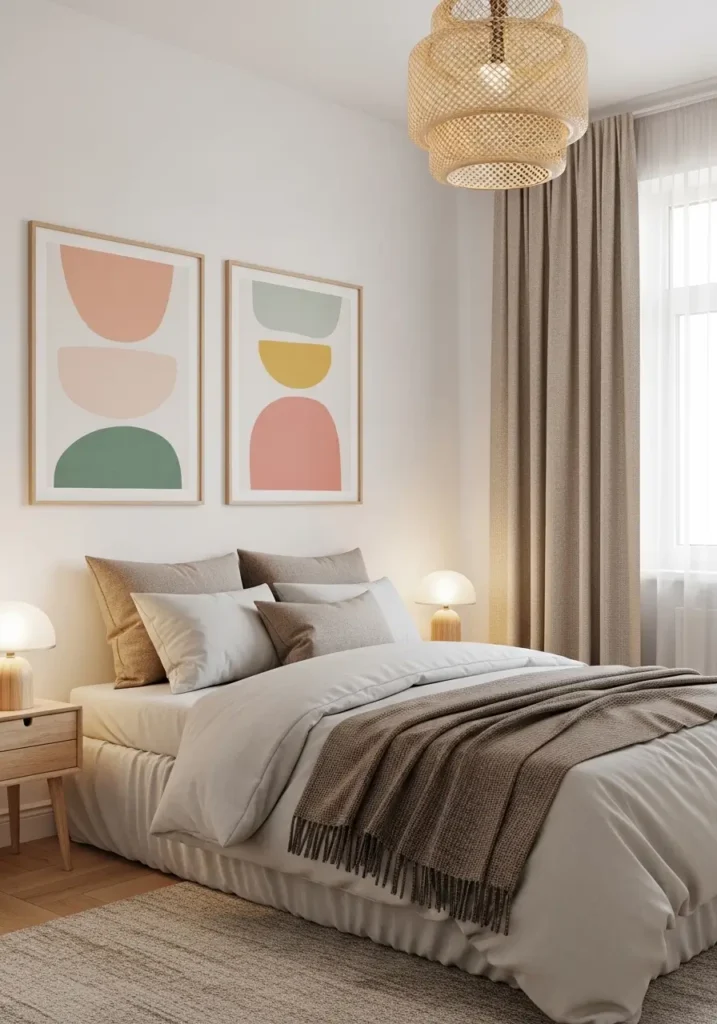 Minimal retro apartment bedroom with pastel abstract wall prints, soft peach, cream, dusty pink, and sage green colors, cozy white bedding, light wood nightstand, warm lamp glow, clean feminine styling, uncluttered small apartment layout, nostalgic retro shapes, calm cozy atmosphere, realistic editorial interior photography, soft natural textures