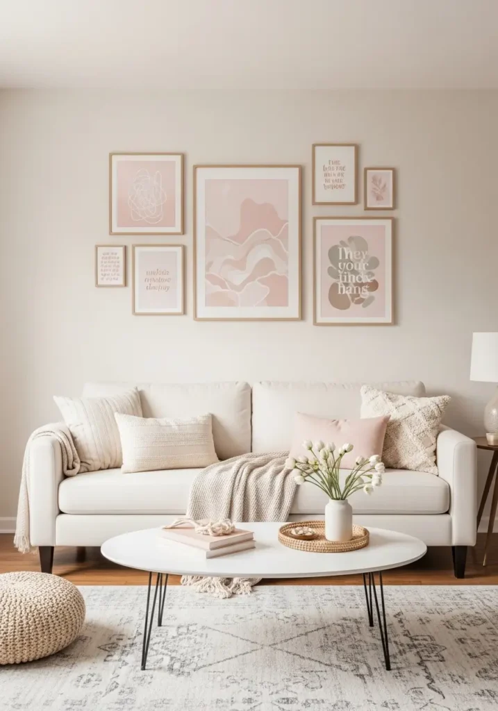Soft pastel gallery wall in a college apartment living room, cream sofa, blush and beige pillows, minimal framed prints, gentle feminine decor, light wooden furniture, warm sunlight, clean student apartment layout, textured neutral rug, cozy airy atmosphere, realistic interior photography, calm and pretty wall styling

