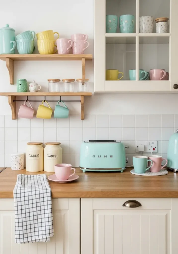 Small retro apartment kitchen with clean cream cabinets, pastel mint toaster, soft pink mugs, light wood shelf, simple ceramic jars, tiny checkered towel, warm natural light, minimal feminine styling, cozy vintage kitchen mood, uncluttered counters.