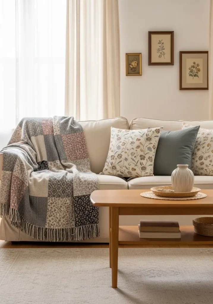 Clean minimal grandma core living room with a soft patchwork throw folded over a cream sofa, muted floral cushions, warm wood coffee table, pale beige rug, vintage wall frames, soft daylight through sheer curtains, small ceramic vase, feminine cozy styling, calm vintage comfort, tidy and peaceful room mood.