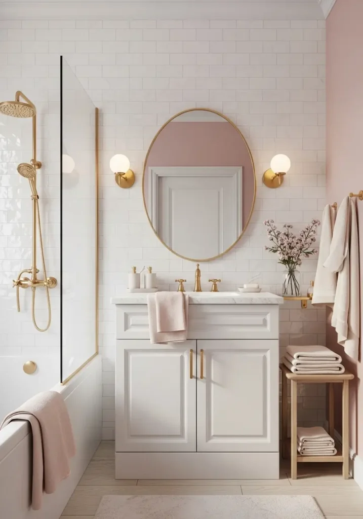 Clean minimal feminine bathroom with pearl white glossy tiles, soft cream grout, brushed gold fixtures, glass shower screen, fluffy white towels, pale pink bath mat, small ceramic tray, warm ceiling light, simple vanity styling, romantic modern mood, bright cozy interior.
