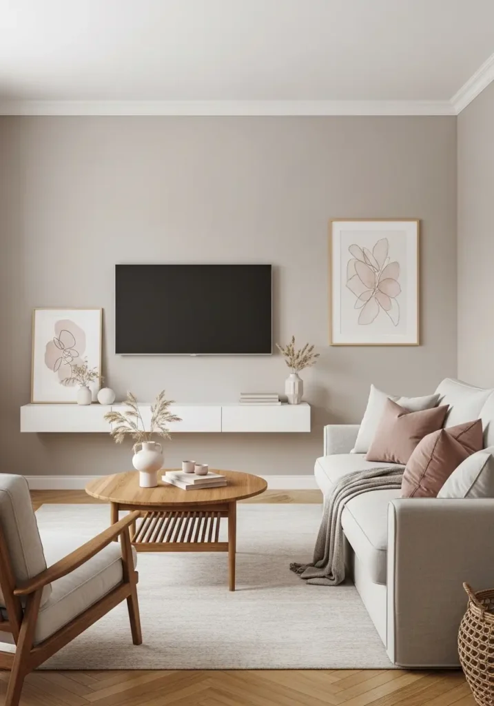 Cozy apartment living room with picture frame style TV on a soft greige wall, slim floating console, light linen sofa, warm wood coffee table, framed artwork, neutral cushions, woven basket, minimal feminine decor, calm modern styling, soft natural light, clean apartment interior photography, relaxed cozy living room mood

