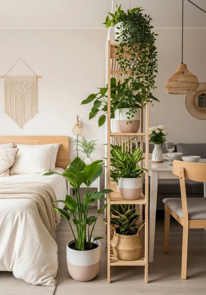 Clean minimal micro studio apartment with a soft plant divider made from tall potted plants and a slim stand between bed and sofa, cream walls, pale wood floor, white bedding, beige seating, warm natural light, feminine fresh styling, calm cozy small space design.
