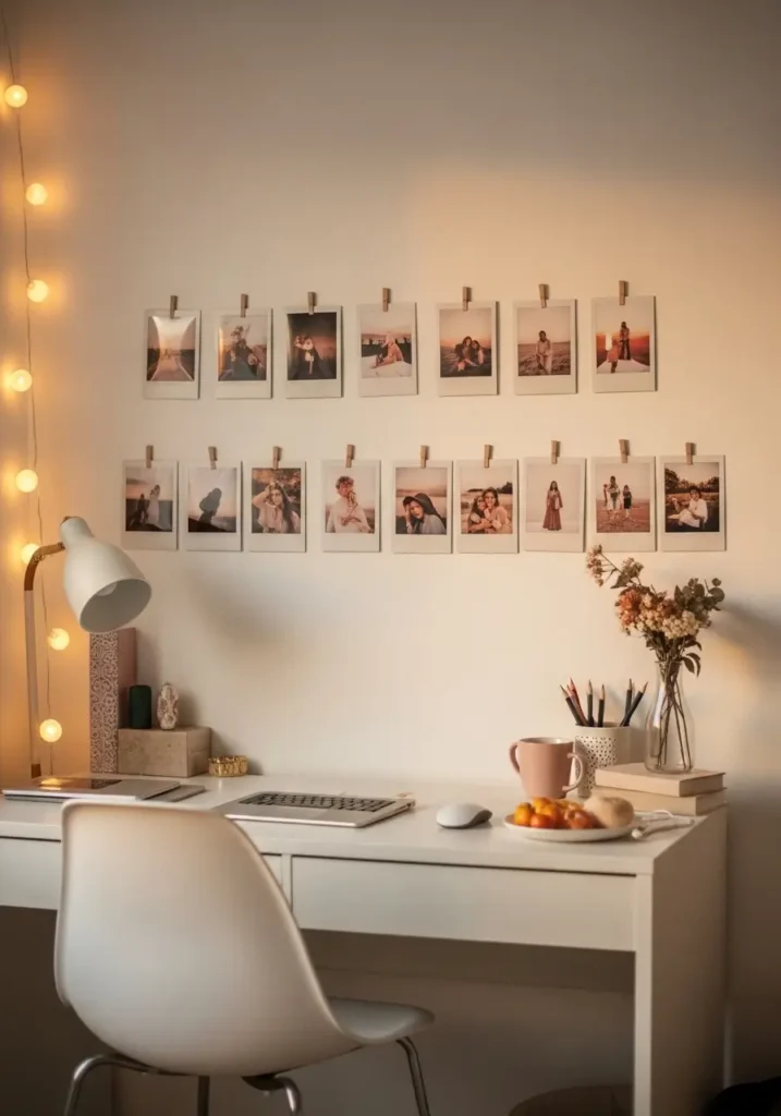 Tiny retro apartment bedroom with polaroid-style photo wall, cream background, warm string lights, soft beige bedding, light wood furniture, cozy feminine apartment styling, clean minimal layout, nostalgic personal photo display, muted retro tones, calm warm lighting, realistic editorial photography, uncluttered small room, soft vintage mood
