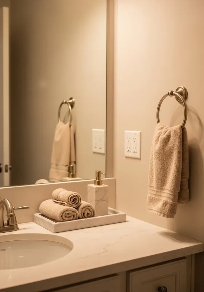 Tiny apartment bathroom with marble tray on sink counter, rolled washcloths, gold soap dispenser, creamy neutral decor, warm apartment lighting, minimal feminine styling, realistic cozy bathroom interior photography, uncluttered vanity setup, soft beige textures, elegant renter friendly makeover inspiration, compact bath organization ideas, calm morning atmosphere with airy clean styling and warm shadows