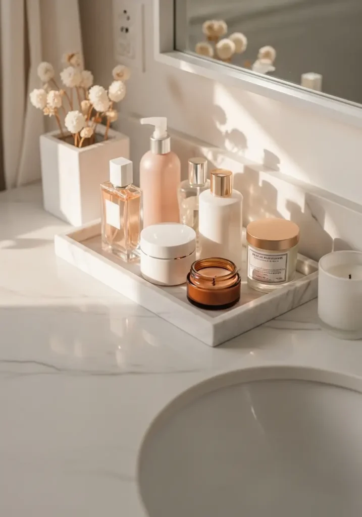 Cute bathroom countertop with marble tray holding perfume bottles, skincare jars, rolled towels, soft candle, warm sunlight reflections, creamy white vanity, blush and beige decor accents, clean minimal styling, cozy feminine apartment bathroom, elegant organized setup, realistic textures, airy atmosphere, subtle luxury mood, uncluttered sink area with soft natural lighting

