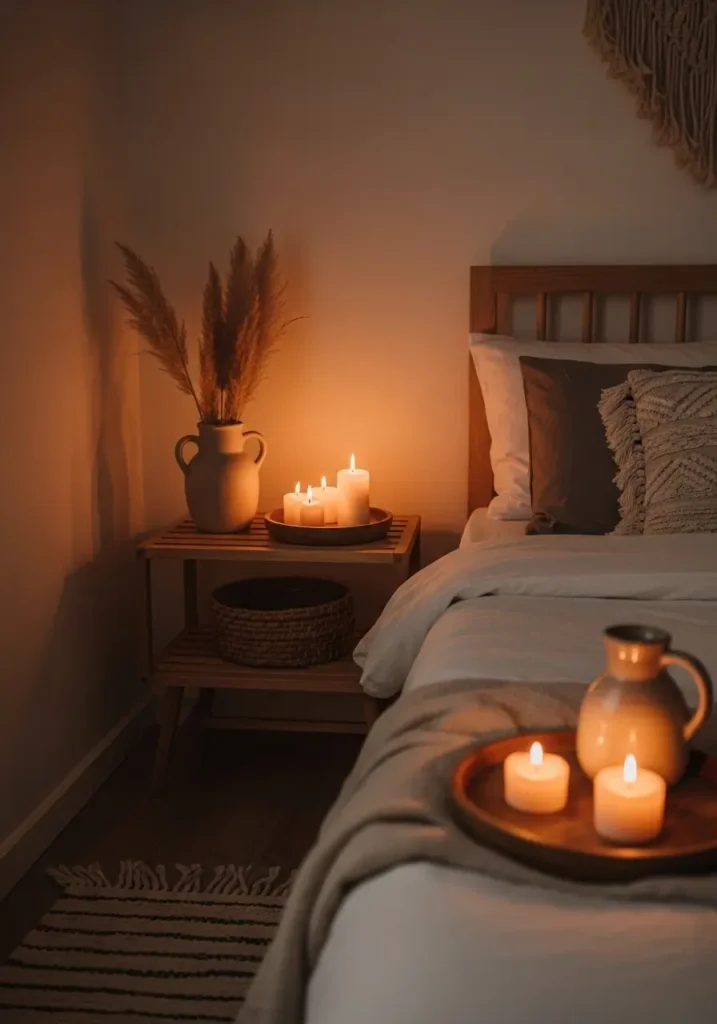 Dreamy calm boho bedroom with soft candle styling, warm glowing candlelight, cream linen bedding, wooden tray decor, ceramic vases, beige textured pillows, woven accents, earthy neutral palette, cozy feminine atmosphere, airy uncluttered interior, peaceful modern boho styling, soft shadows, natural textures, relaxing bedroom retreat with warm ambient lighting

