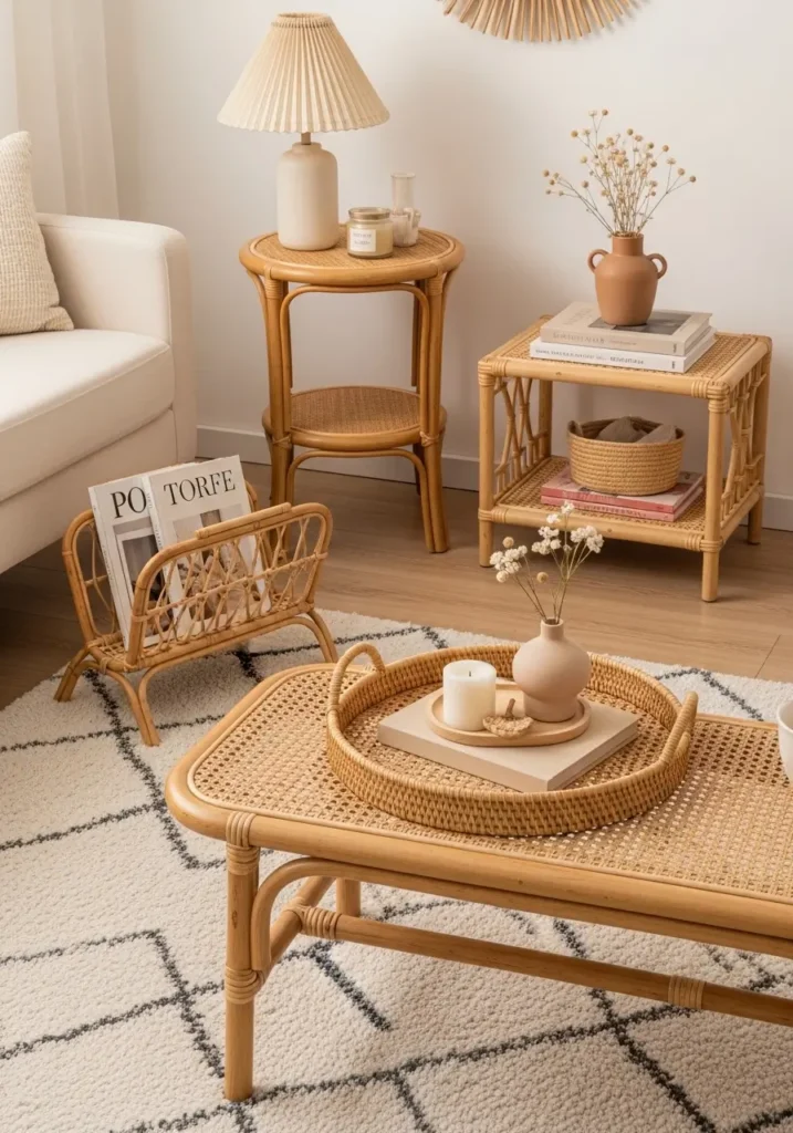 Clean minimal retro apartment corner with rattan side table, cream lounge chair, soft beige rug, small ceramic vase, warm lamp, simple wall print, natural daylight, cozy feminine styling, vintage home atmosphere, airy small space decor.